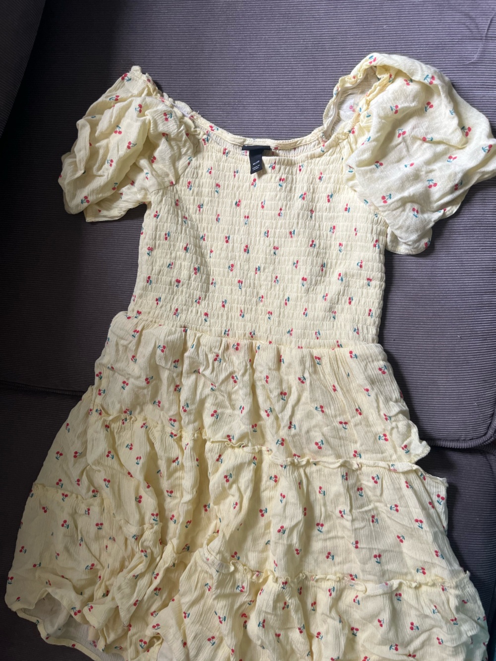 Girls Art Class Cream Puff Sleeve Smocked Dress with Red Cherry Print size 7/8
